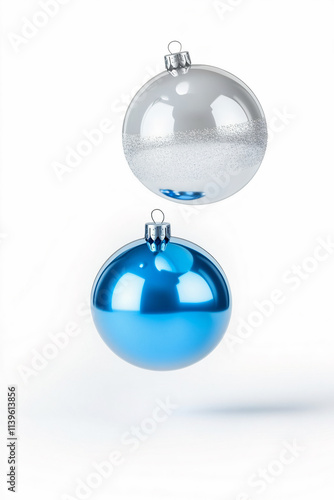 levitation of blue and silver Christmas ornament on a white isolated background