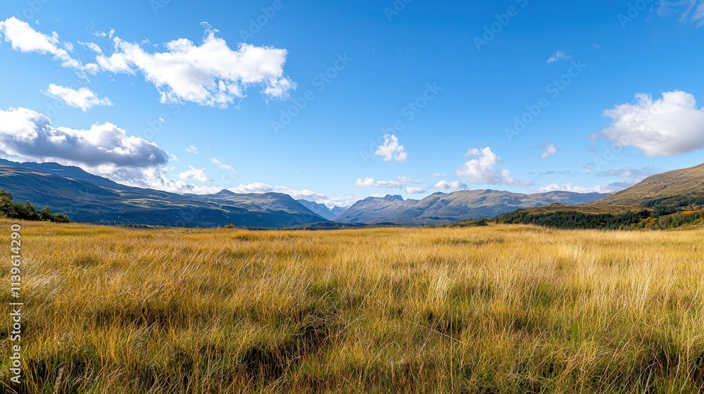 A picturesque scene of golden wild grass in the foreground, contrasted with a bright and clear blue sky,