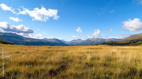 Obraz na płótnie A picturesque scene of golden wild grass in the foreground, contrasted with a bright and clear blue sky, w salonie