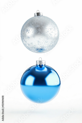 levitation of blue and silver Christmas ornament on a white isolated background