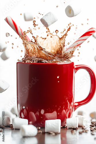 one red mug with a splash of coffee and falling candy cane with marshmallows on a white isolated background
