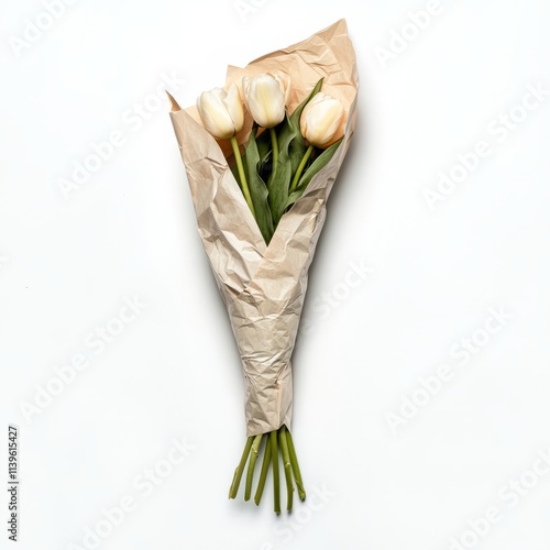 Bouquet of tulips wrapped in paper isolated on white background