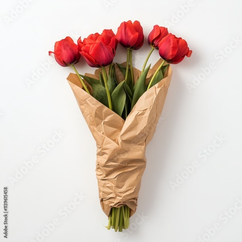Bouquet of tulips wrapped in paper isolated on white background