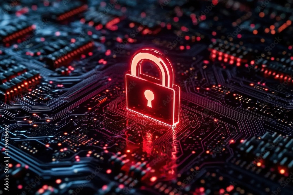 A striking red padlock icon integrated into electronic circuitry. A striking red padlock icon integrated into electronic circuitry.