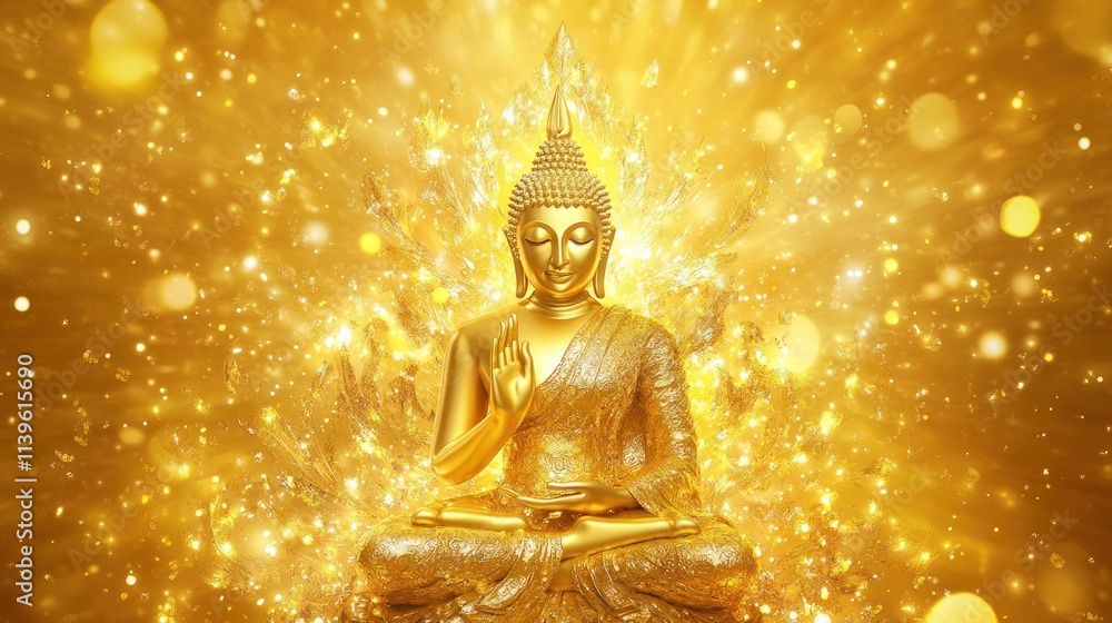 A gleaming Buddha statue in gold, set against a vibrant golden background with elegant Thai patterns, enhancing the sense of harmony. A gleaming Buddha statue in gold, set against a vibrant golden background with elegant Thai patterns, enhancing the sense of harmony.