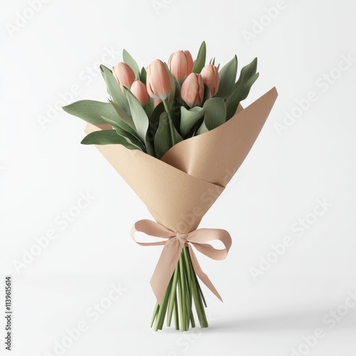 Bouquet of tulips wrapped in paper isolated on white background