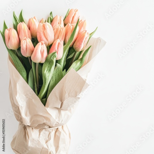 Bouquet of tulips wrapped in paper isolated on white background