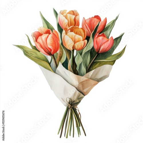 Bouquet of tulips wrapped in paper isolated on white background