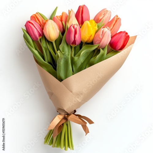 Bouquet of tulips wrapped in paper isolated on white background
