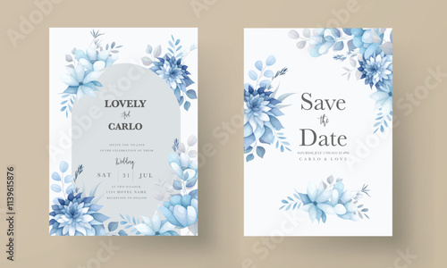 beautiful wedding invitation card with blue flower and leaves