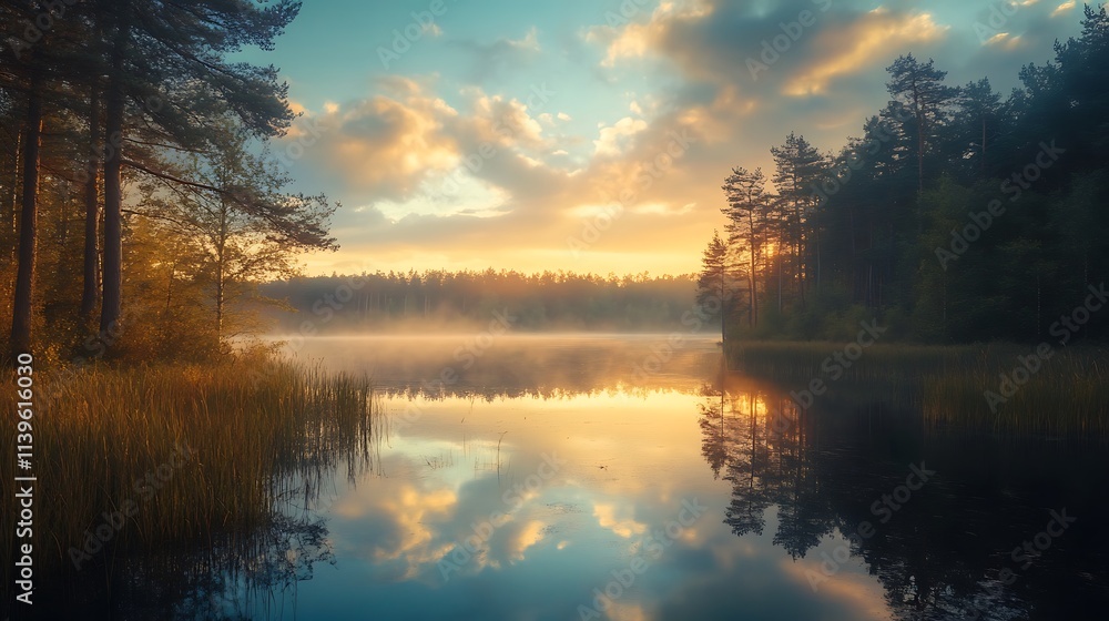 Fototapeta premium Sunrise over a Misty Lake in a Forest. Tranquil Nature Scene.