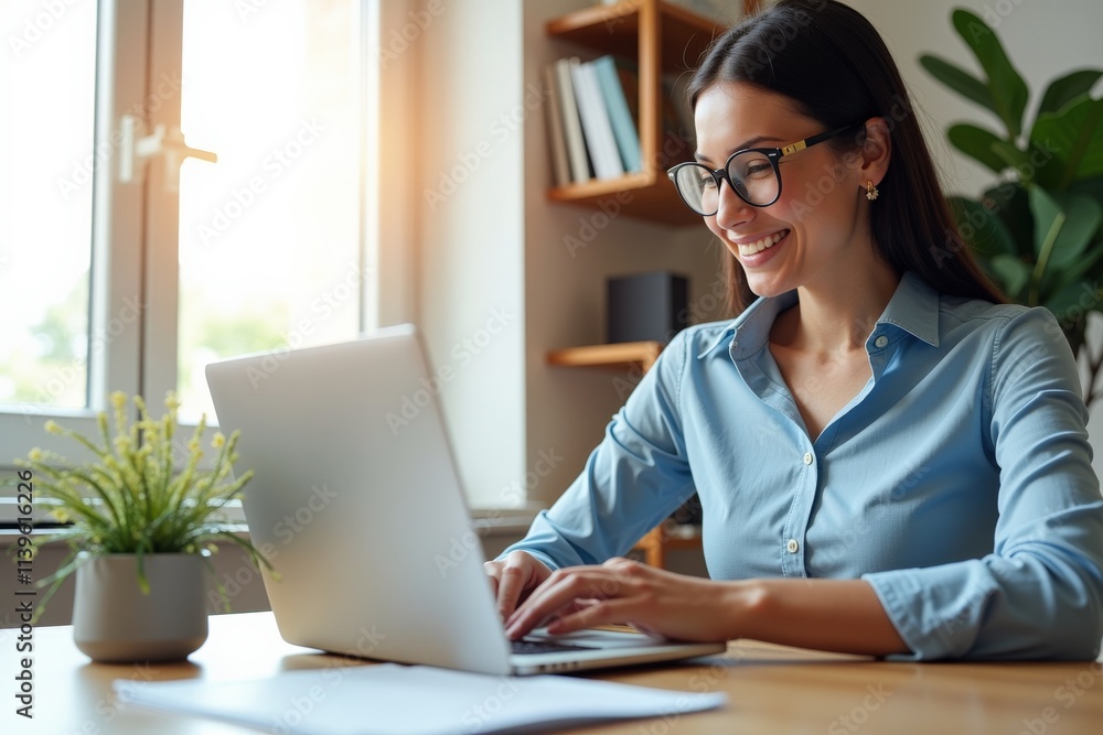 Focused Woman Working on Laptop in Bright, Organized Home Office Setting, Ideal for Remote Work or Freelance Job Promotions Focused Woman Working on Laptop in Bright, Organized Home Office Setting, Ideal for Remote Work or Freelance Job Promotions