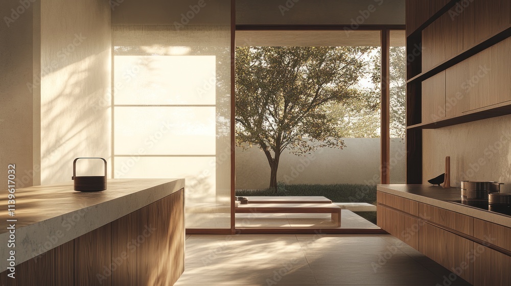 Fototapeta premium Modern interior with natural light and a view of a serene garden.