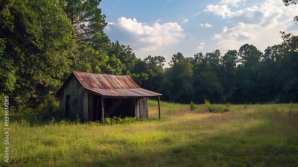 Rustic old shed in a grassy field. Concept of rural landscape, forgotten history, and tranquility. Rustic old shed in a grassy field. Concept of rural landscape, forgotten history, and tranquility.