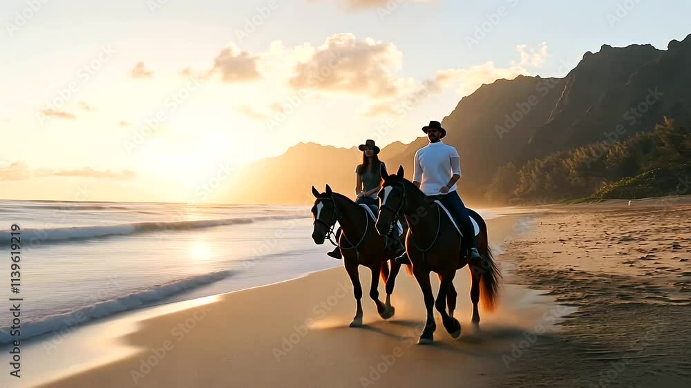 Couple Horseback Riding on Beach at Sunset Couple Horseback Riding on Beach at Sunset