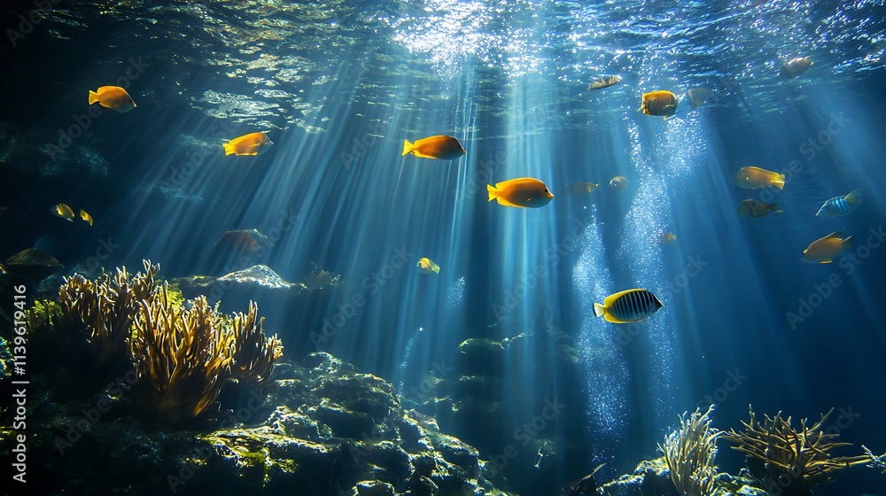Obraz premium Sunlight Underwater Aquarium. Coral Reef Fish. Ocean Ecosystem.