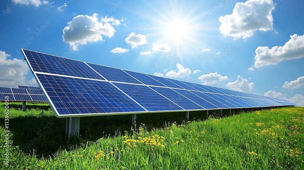 Solar Panels in a Sunny Field: Clean Energy Landscape. AI Generated Solar Panels in a Sunny Field: Clean Energy Landscape. AI Generated