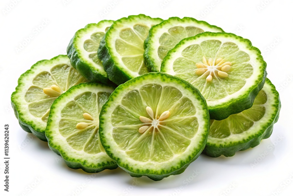 Kaffir Lime Peel Slices, Culinary Ingredient, Close-up Photography, White Background, Food Photography, Aromatic Citrus Kaffir Lime Peel Slices, Culinary Ingredient, Close-up Photography, White Background, Food Photography, Aromatic Citrus