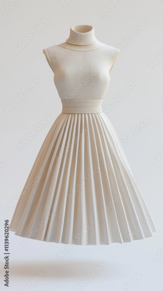 A high-resolution 3D model of a stylish pleated skirt paired with a high-neck dress, elegantly designed with fine pleats and soft fabric texture, set against a pure white background. A high-resolution 3D model of a stylish pleated skirt paired with a high-neck dress, elegantly designed with fine pleats and soft fabric texture, set against a pure white background.