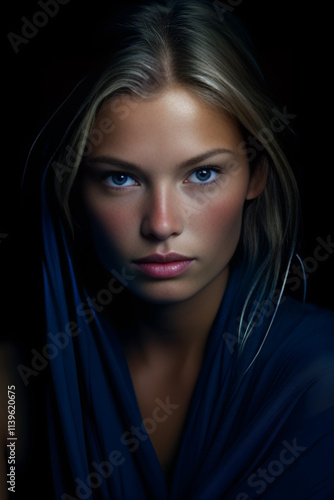 BZ Portrait Photography: Captivating Gaze in a Midnight-blue Ambiance