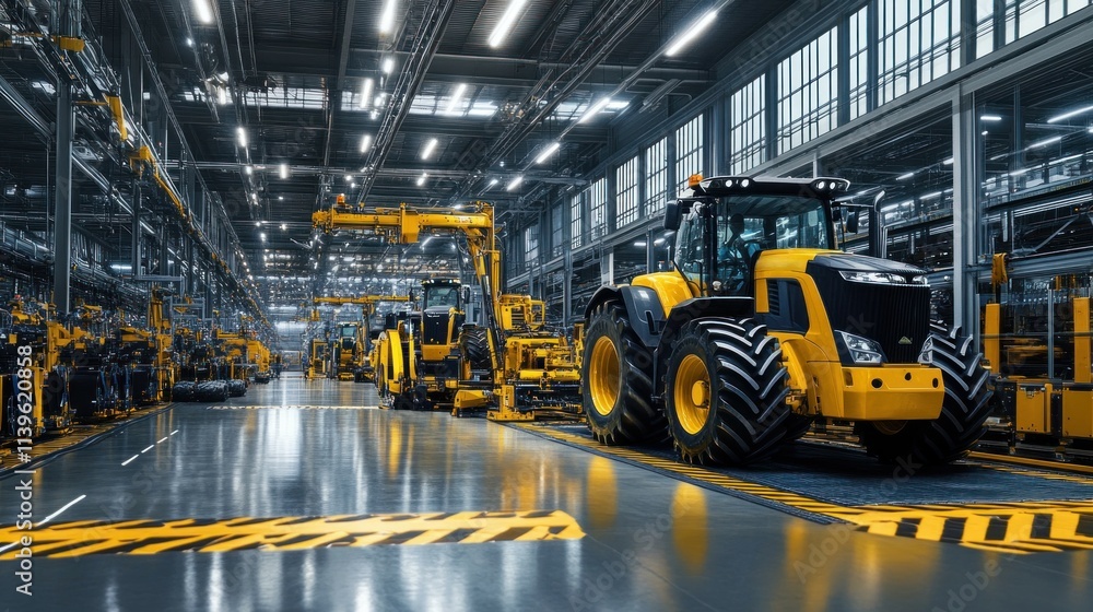 A high-tech agricultural machinery production line, with automated systems assembling large tractors and farming equipment, ready for agricultural use. A high-tech agricultural machinery production line, with automated systems assembling large tractors and farming equipment, ready for agricultural use.