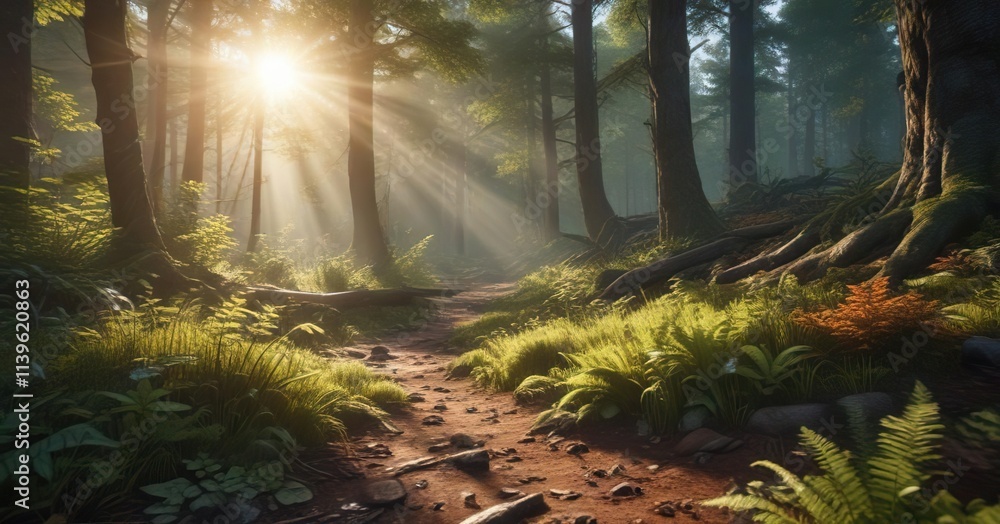 Obraz premium Forest floor covered in sunlight filtering through trees, light, natural light, trees
