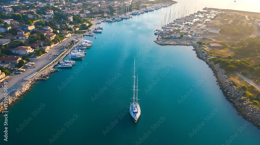 Fototapeta premium Aerial view of a yacht in a marina. Concept of travel, vacation, and luxury.