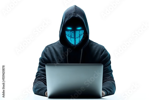 Hacker in a hoodie wearing a glowing blue mask and using a laptop, isolated on a transparent background, ideal for cybersecurity and tech themes
