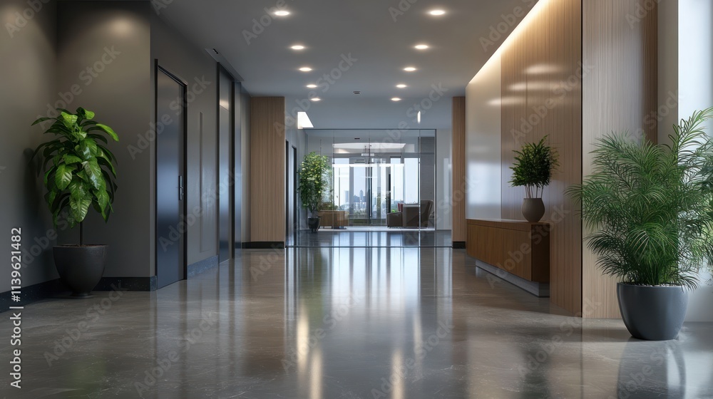 Fototapeta premium Modern office hallway with plants and seating area, showcasing a sleek design.