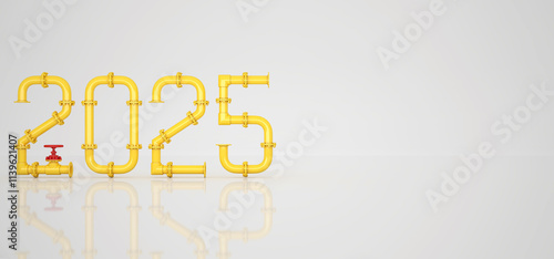 New Year 2025 from yellow pipes and red taps on a white background. 3D render.