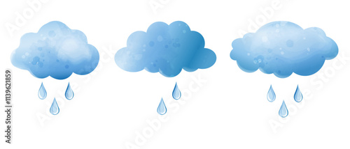 Blue clouds with raindrops. Vector watercolor set