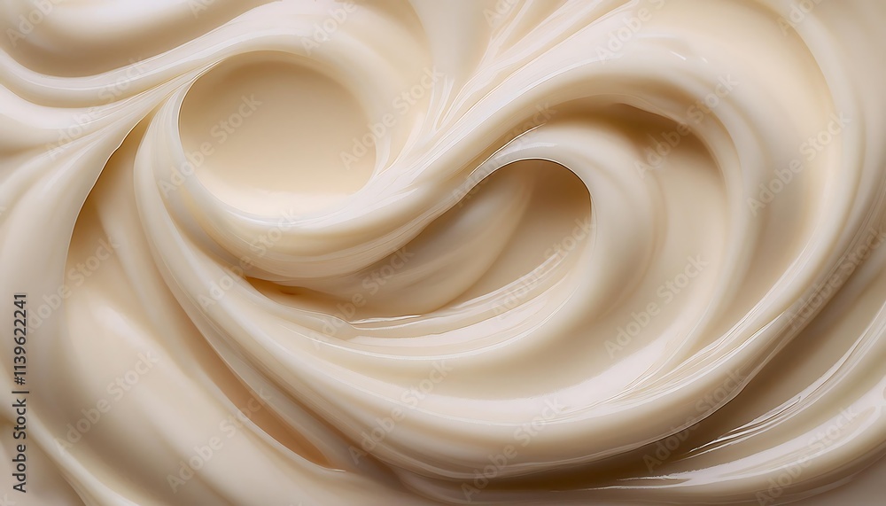 A very close-up, abstract view of swirling, smooth, beige-colored cream A very close-up, abstract view of swirling, smooth, beige-colored cream