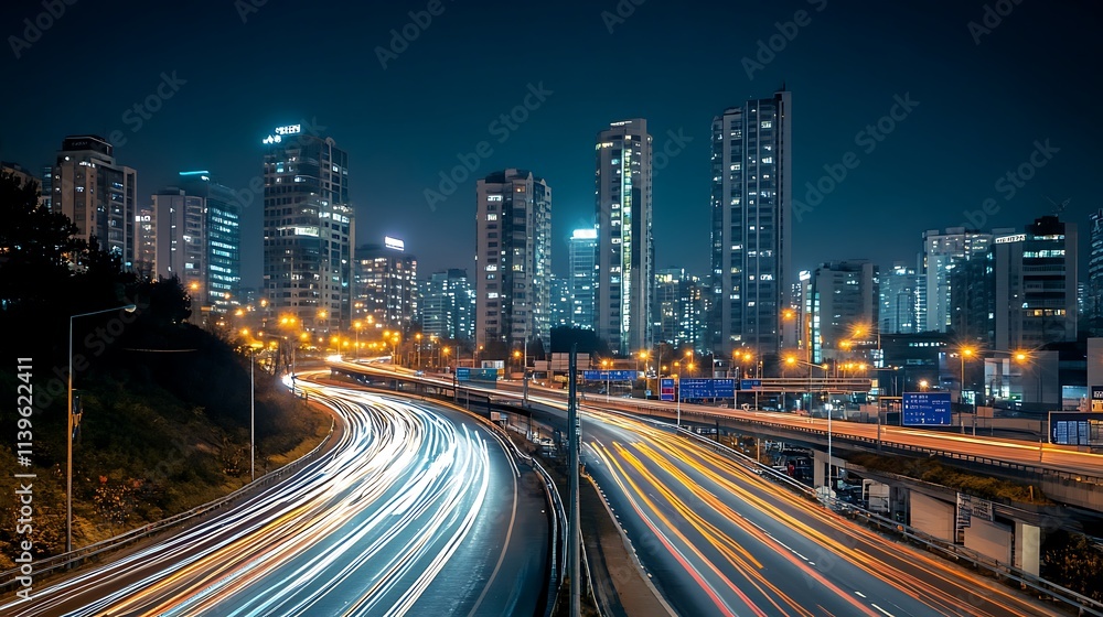 Night City Highway, Urban Traffic at Night. Concept of urban life, modern city, and fast paced lifestyle. Night City Highway, Urban Traffic at Night. Concept of urban life, modern city, and fast paced lifestyle.