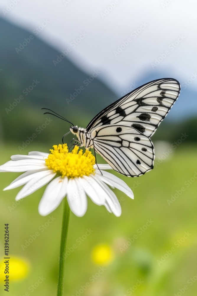 Black and white butterfly on daisy. Black and white butterfly on daisy.
