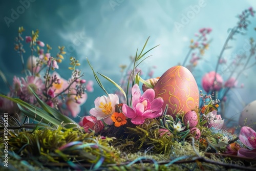 An Easter scene featuring a fusion of imaginative elements and diverse artistic approaches. photo