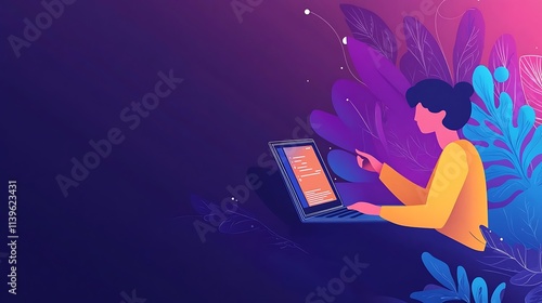 Wallpaper Mural Woman Designing on Laptop, Vibrant Digital Illustration. AI Generated Torontodigital.ca