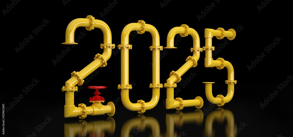 The numbers 2025 are made of yellow pipes and red valve on a black background. New year 2025. 3D render. The numbers 2025 are made of yellow pipes and red valve on a black background. New year 2025. 3D render.