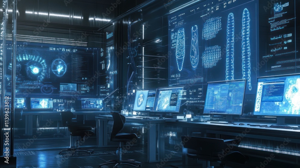 Fototapeta premium Futuristic Cybernetic Laboratory Workstation Displays Data