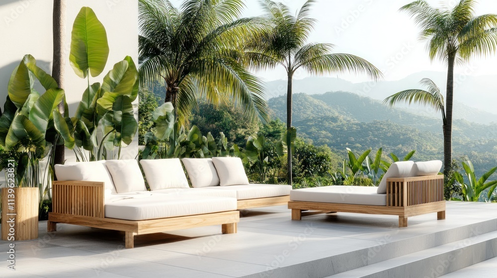 Fototapeta premium Outdoor lounge area with modern furniture amidst lush greenery and mountains.