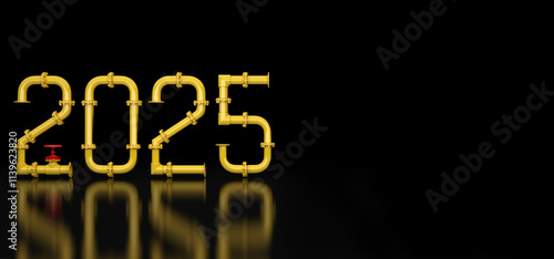 The numbers 2025 are made of yellow pipes and  red valve  on a black background. New year 2025. 3D render.