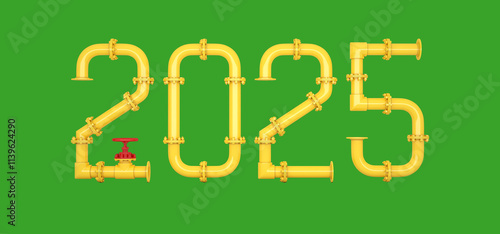 The numbers 2025 made of yellow pipes and a red valve are isolated on a green background. New year 2025. 3D render.