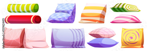 Color cushions set isolated on white background. Vector cartoon illustration of square, rectangle and roll shape pillows with striped, checkered, abstract pattern, home textile, bedroom decoration