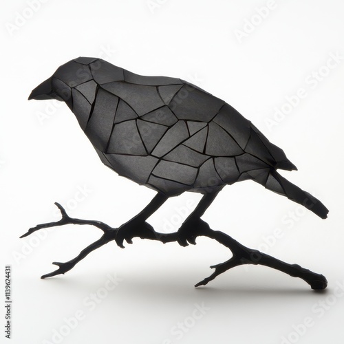 Black crow silhouette art, perched on a branch. photo