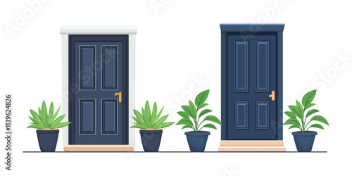 Different house entrance, porche and closed door. Entrie to apartment with potted plant.