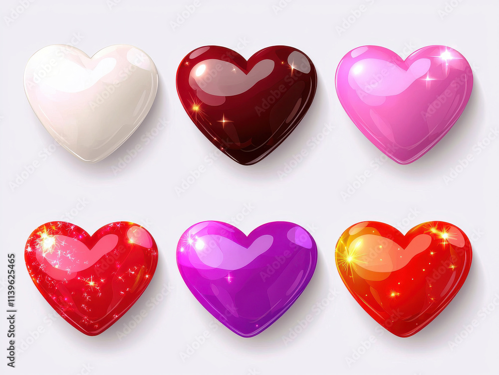 Glossy heart shaped icons in various colors and textures, perfect for design Glossy heart shaped icons in various colors and textures, perfect for design