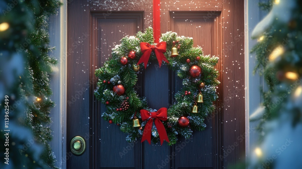 Festive Christmas Wreath Adorns Wooden Door In Winter Snow Festive Christmas Wreath Adorns Wooden Door In Winter Snow