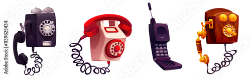 Retro phones set isolated on white background. Vector cartoon illustration of vintage telephones with dial, cord, buttons, radio antenna. Communication device evolution, technology progress history