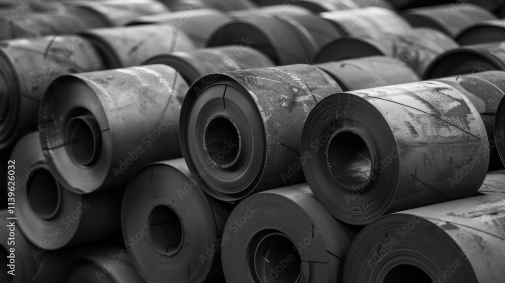 Stacked rolls of steel sheets in a warehouse. Stacked rolls of steel sheets in a warehouse.