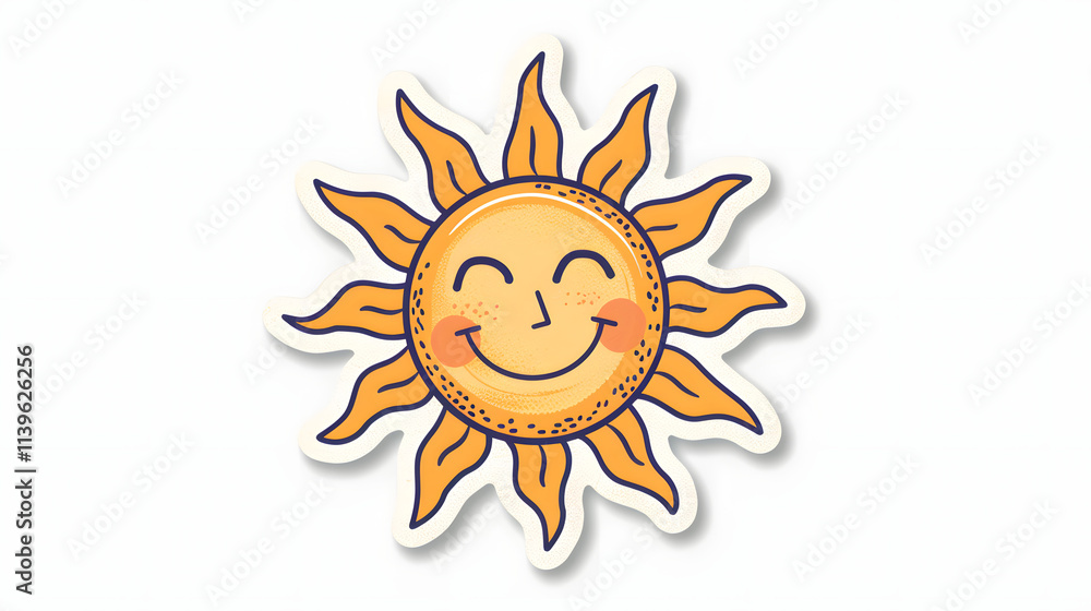 Smiling Sun Sticker Design with Rays on White Background. Smiling Sun Sticker Design with Rays on White Background.