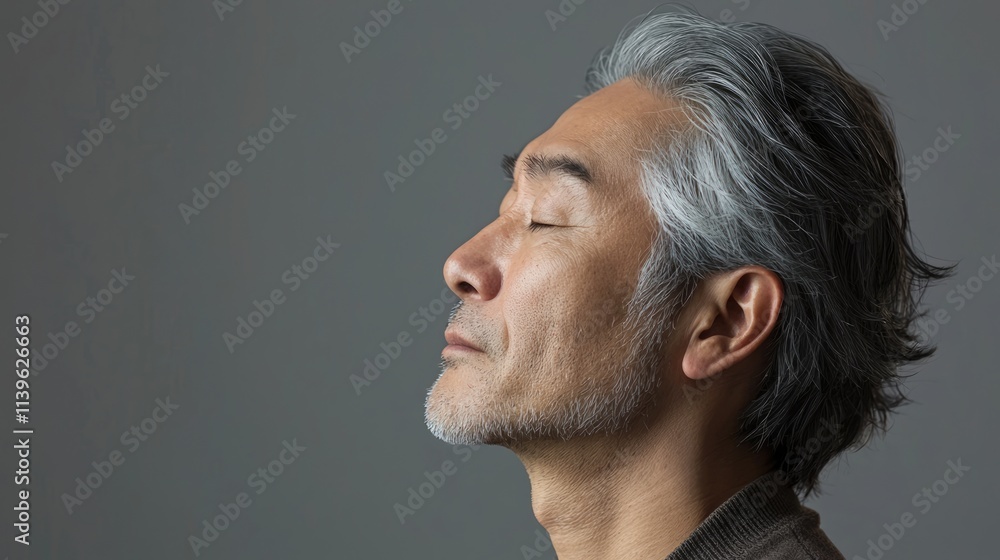 Fototapeta premium Photo of a mature, handsome Japanese man with gray hair, eyes closed in profile view on a gray background, with side lighting.generated ai 